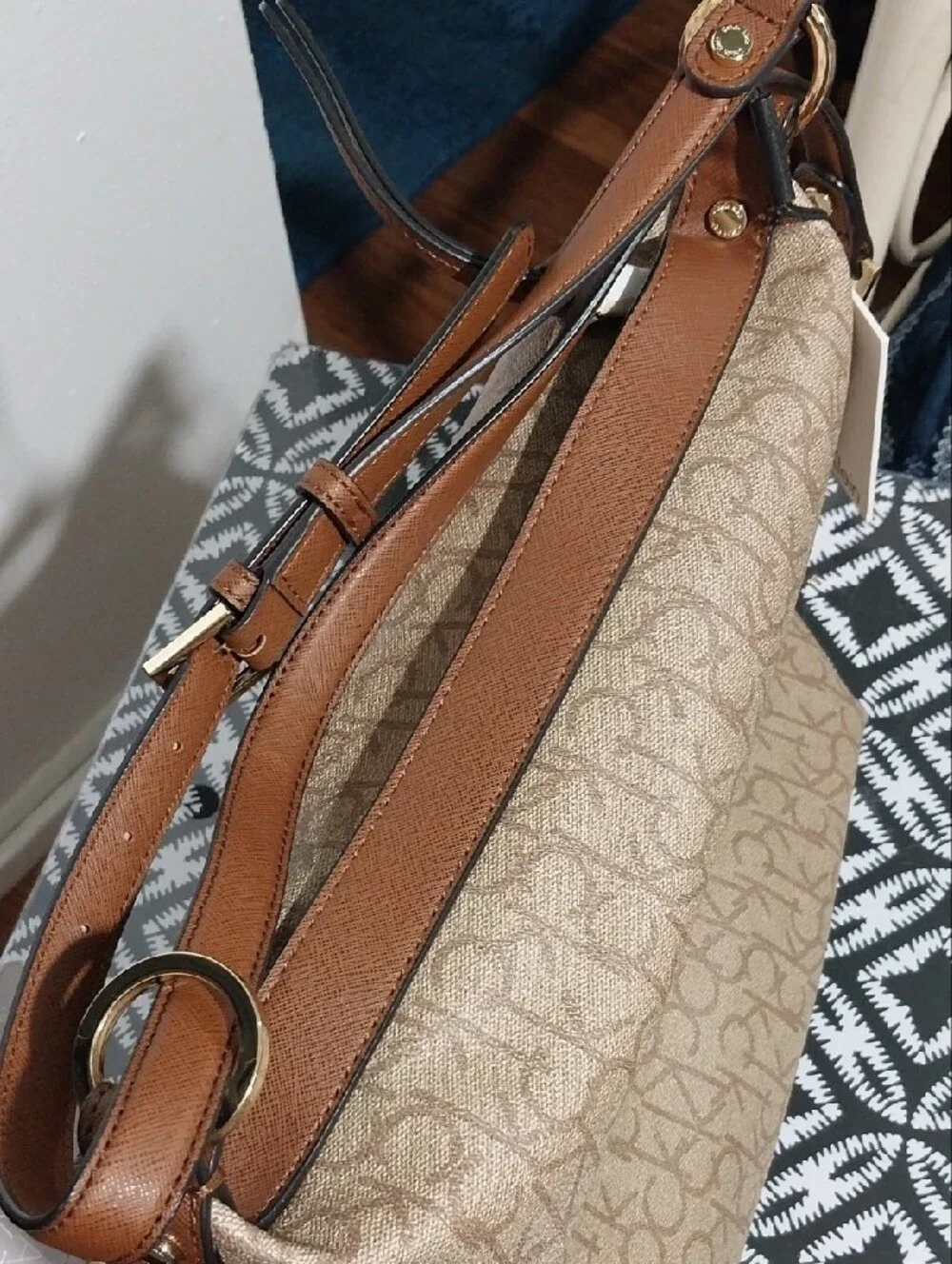 Calvin Klein Beige/Tan Logo-Print Shoulder Bag